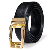 Men's Belt Genuine Leather Ratchet Adjustable Belt Golden Square Metal Buckle,Trim to Fit